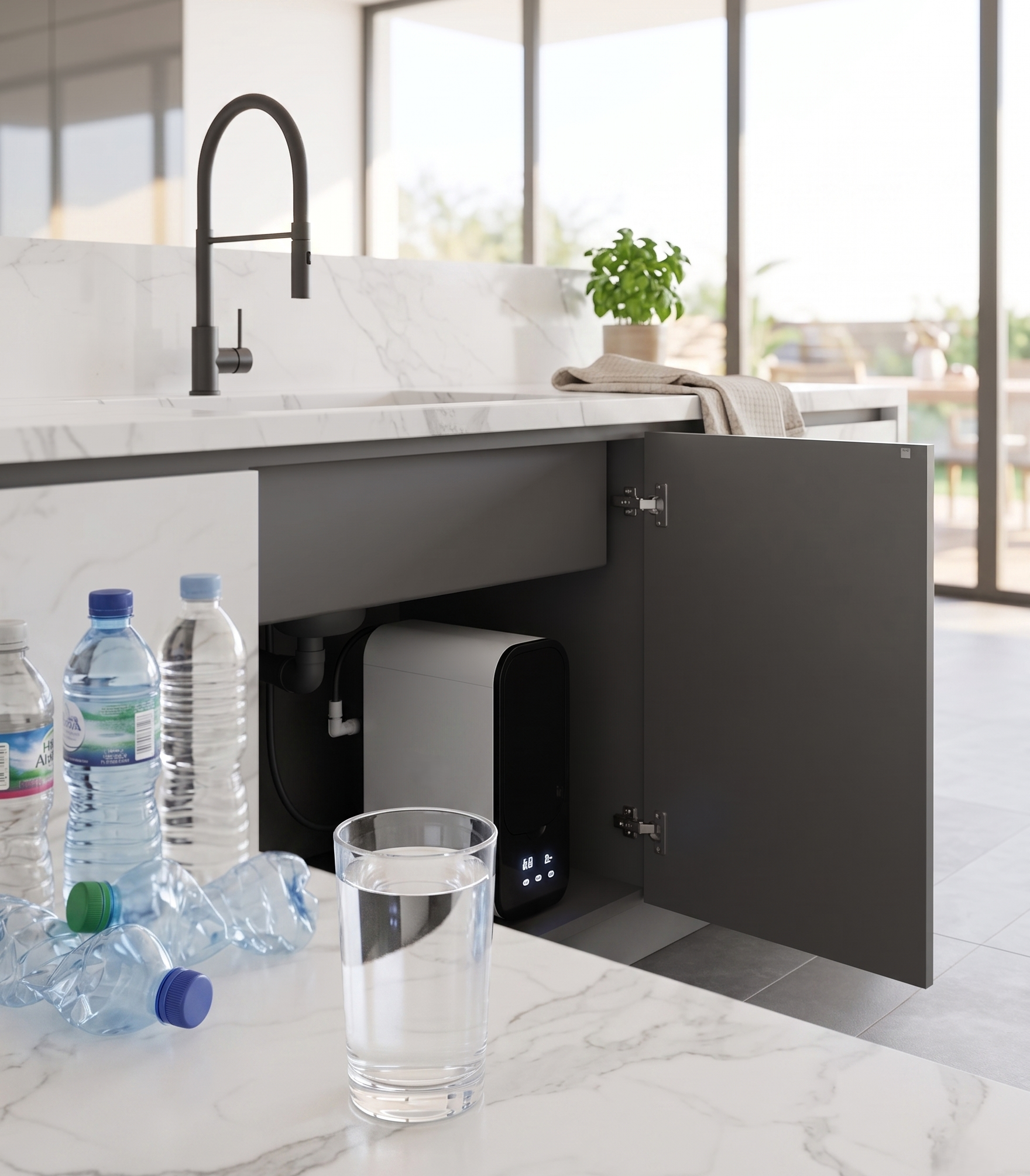 Comparativa entre agua embotellada y agua purificada en cocina